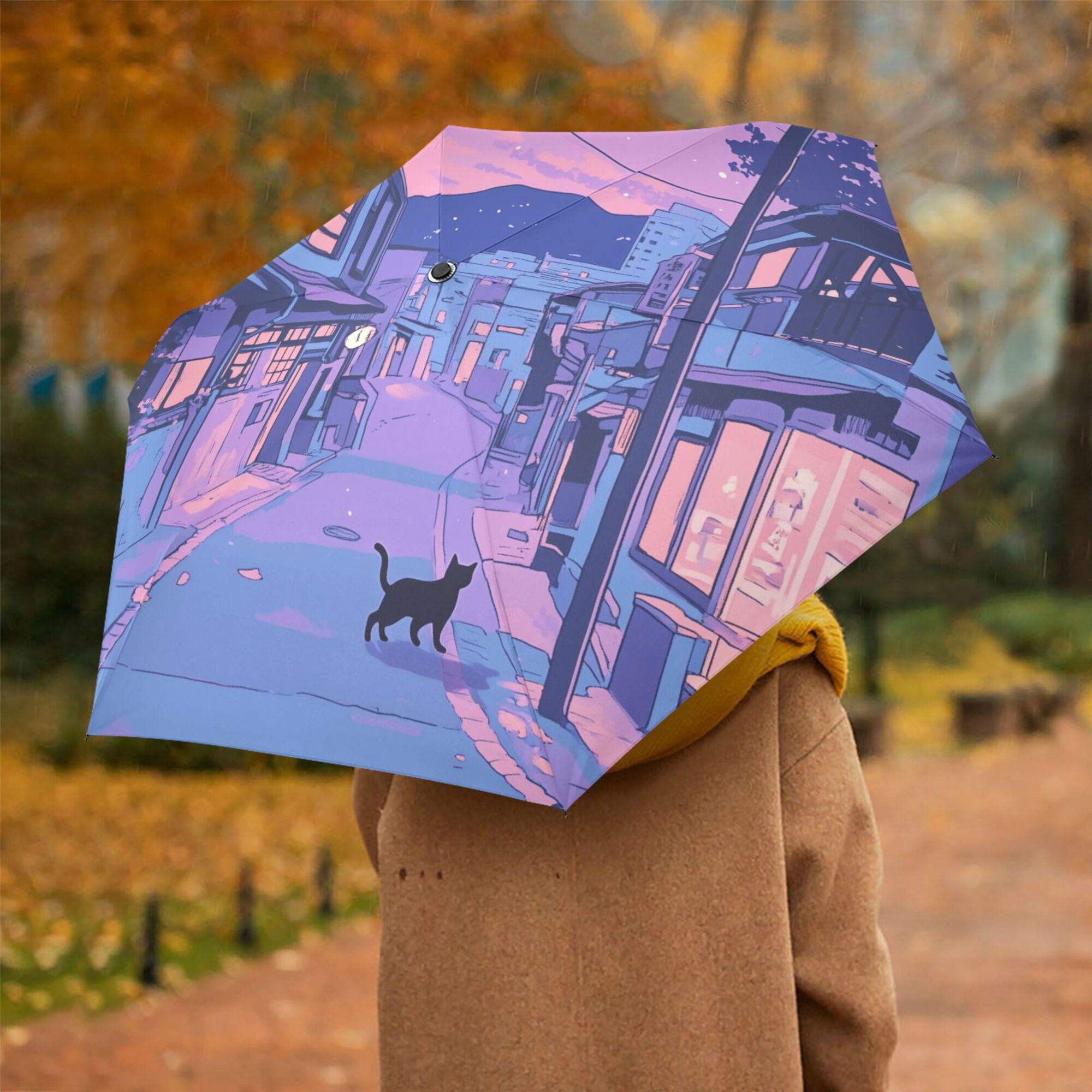 FORMRS Travel Umbrella Folding Auto Open Close Windproof Rain UV Protection, Cat Walking in Street