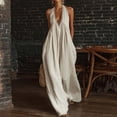 thumbnail image 2 of JULMCOMO Linen Jumpsuits for Women Lace Trim Halter Deep V Neck Summer Jumpsuits Sleeveless Wide Leg Elegant Comfy Loose Fit Rompers White M, 2 of 5