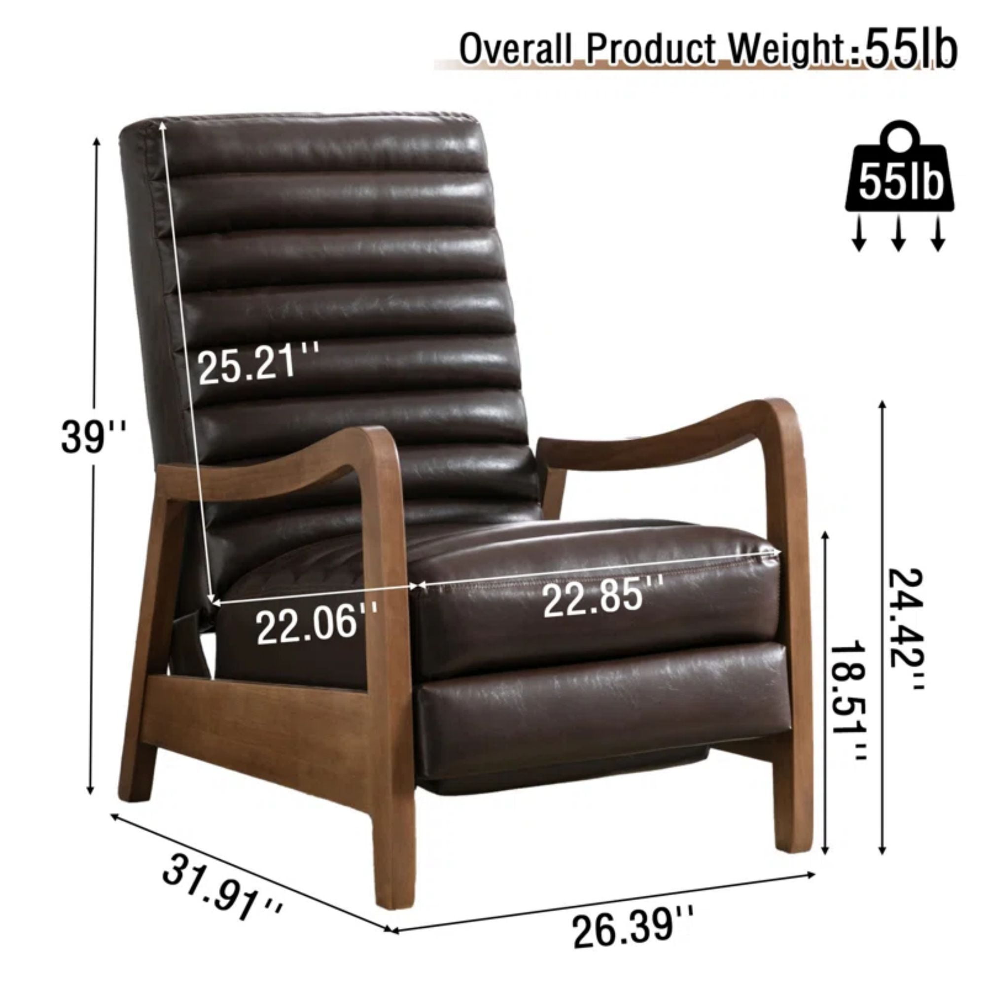 Bestier 26" Accent Chair, Luxurious Oil Wax Leather Recliner for Adults, Upholstered Push Back Reading Chair with Parawood Frame, Brown