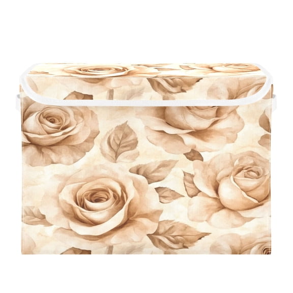 Storage Box With Lid 16.5x12.6x11.8In Foldable Stacked Household Storage Box Beige Roses