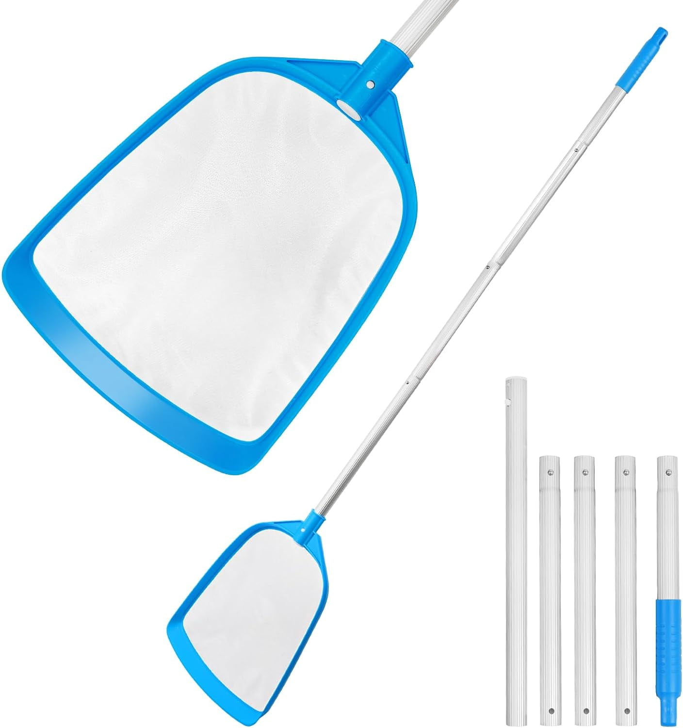 3PCS Pool Cleaning Kit - 12.5'' Pool Brush with Round End & 11'' Pool Skimmer Net Fine Mesh & 5.7 Feet Thick Aluminum Pole 5-Segment, for Above Ground & Inground Pools Ponds
