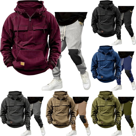 2 Piece Sets for Men Zip Front Hooded Pullover and Cargo Pants Set Solid Casual Two Piece Tracksuit