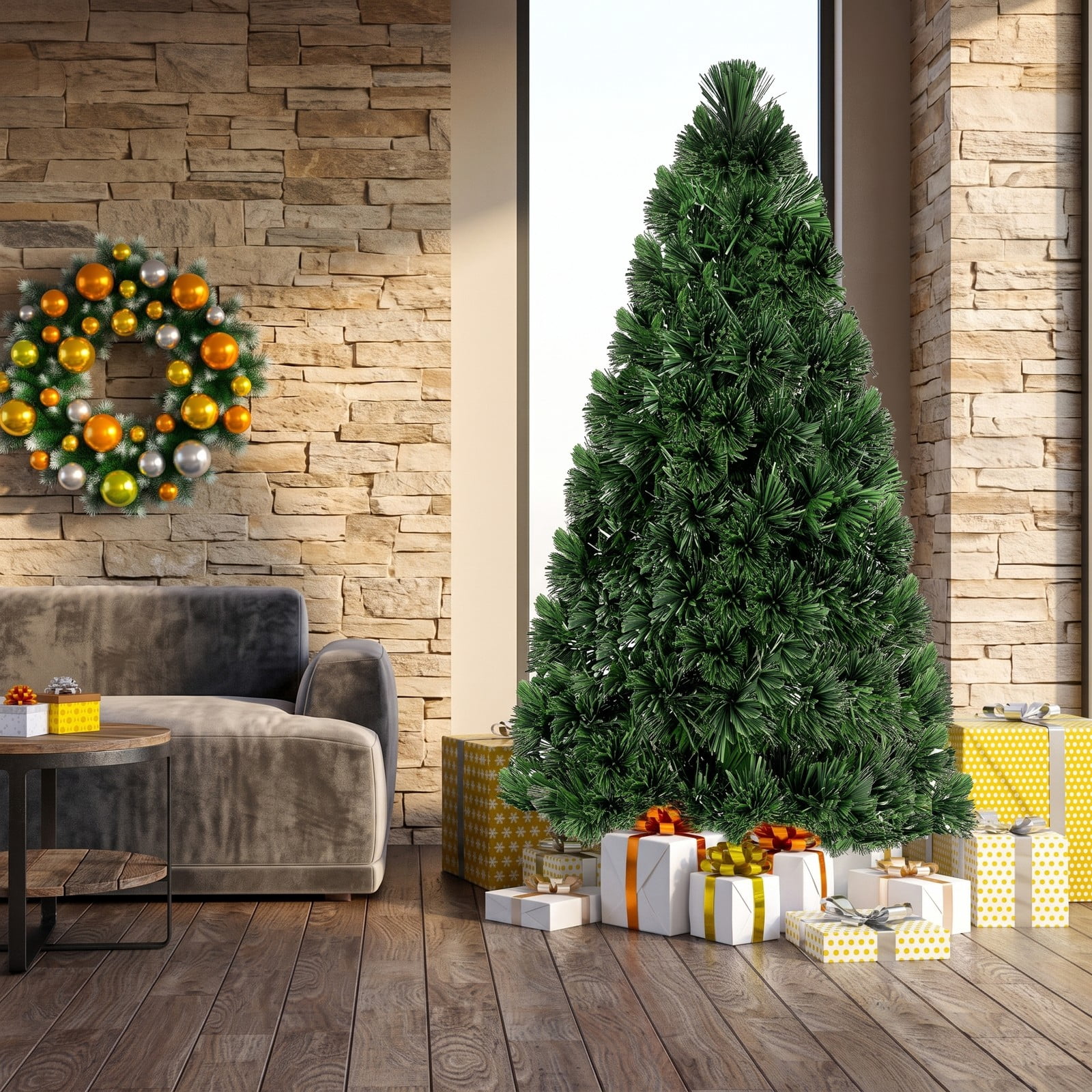 RUIE 6 FT Fiber Optic Artificial Christmas Tree, Pre-Lit PVC Xmas Tree with 220 Tips, 7-Color Changing LED Lights and Plastic Stand for Indoor Holiday Decoration, Green
