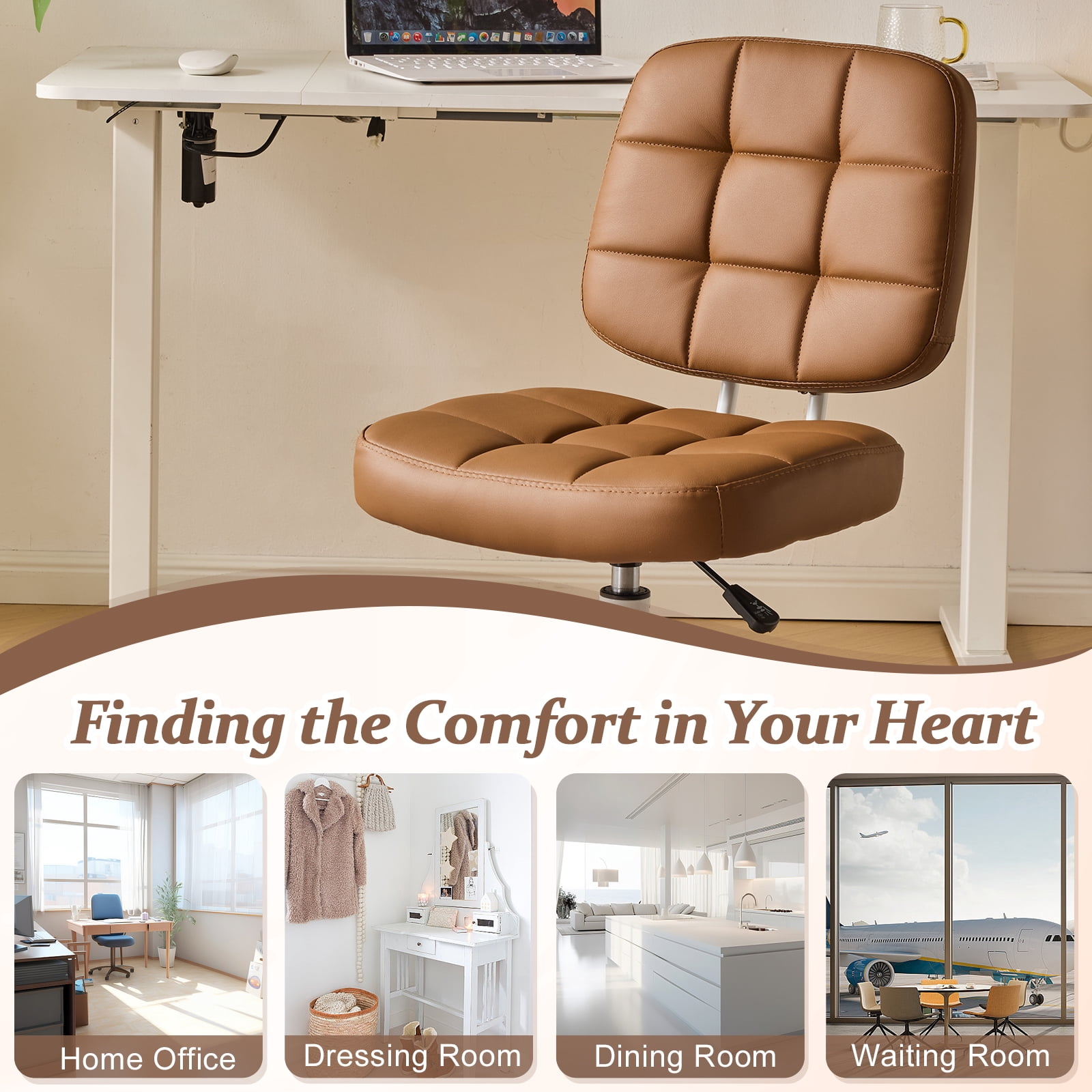 Ktaxon Armless Office Chair with Star Base PU Swivel Task Chair with 9-Grid Design for Study Room or Dressing Area Brown