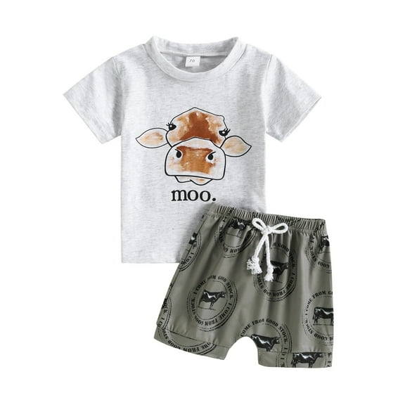 Baby Boy Summer Clothes Letter T Shirt 6M 12M 18M 24M 3Y Cow Print Retro Boho Jogger Pants Toddlers Country Cowboy Shorts Set