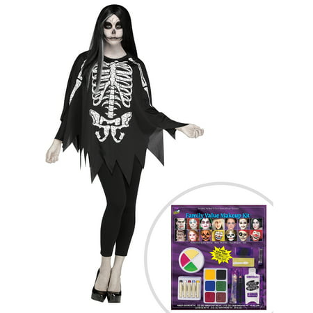 Skeleton Poncho Adult Costume and Festive Value Makeup Kit