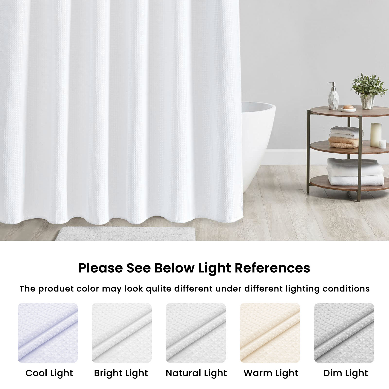 TURKIO Heavyweight Waffle Weave Fabric Shower Curtain,Water Repellent Hotel Grade Bathroom Curtain,White,72" x 96"