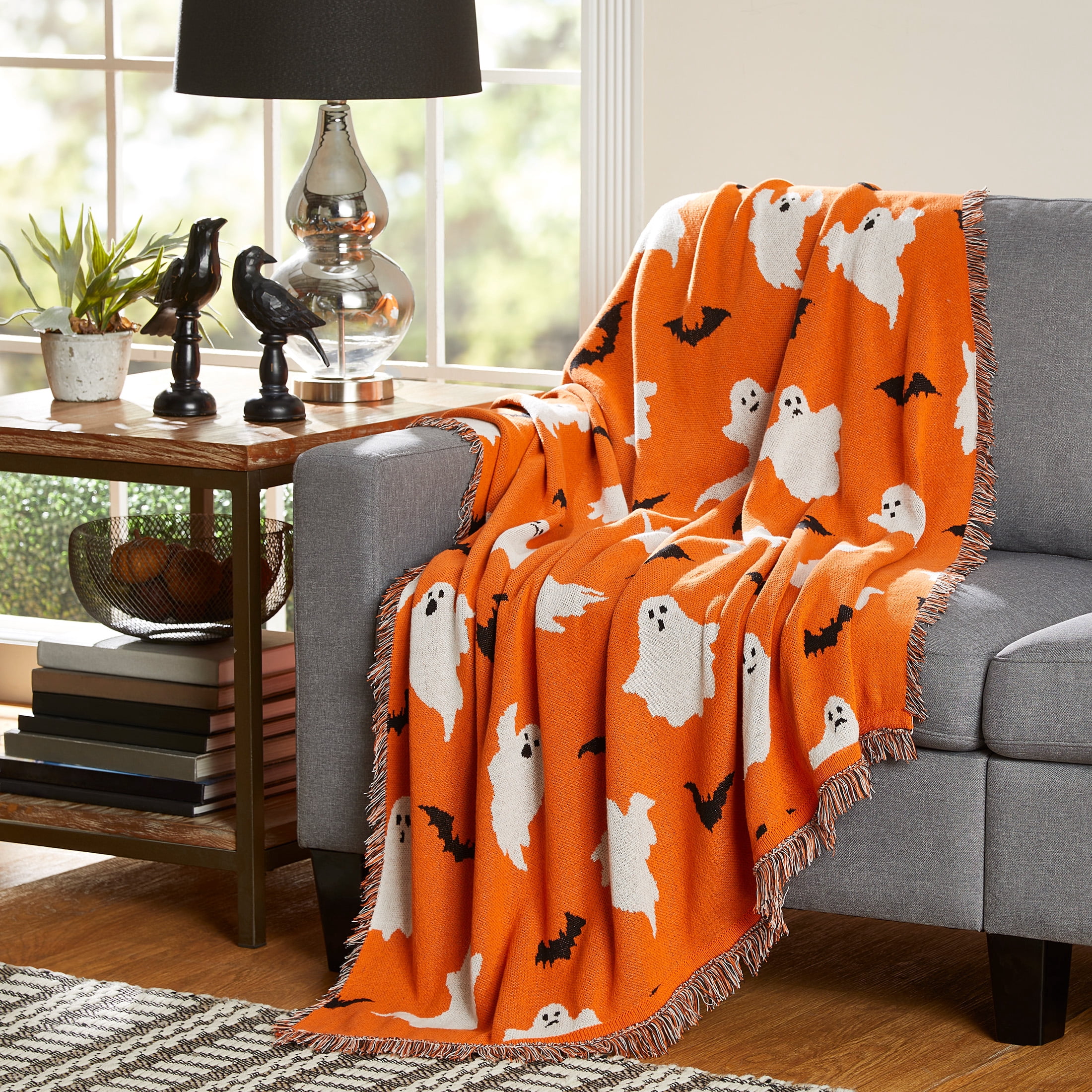 Way to Celebrate Halloween Soft Touch Multicolour Ghosts Jacquard Knitted Tapestry Throw
