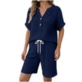 thumbnail image 2 of Xdegoge Women's Cotton Linen 2 Piece Outfits Summer Casual V Neck Button Down Short Sleeve Shirts and Drawstring Shorts Lounge Set Tracksuit with Pockets, 2 of 5