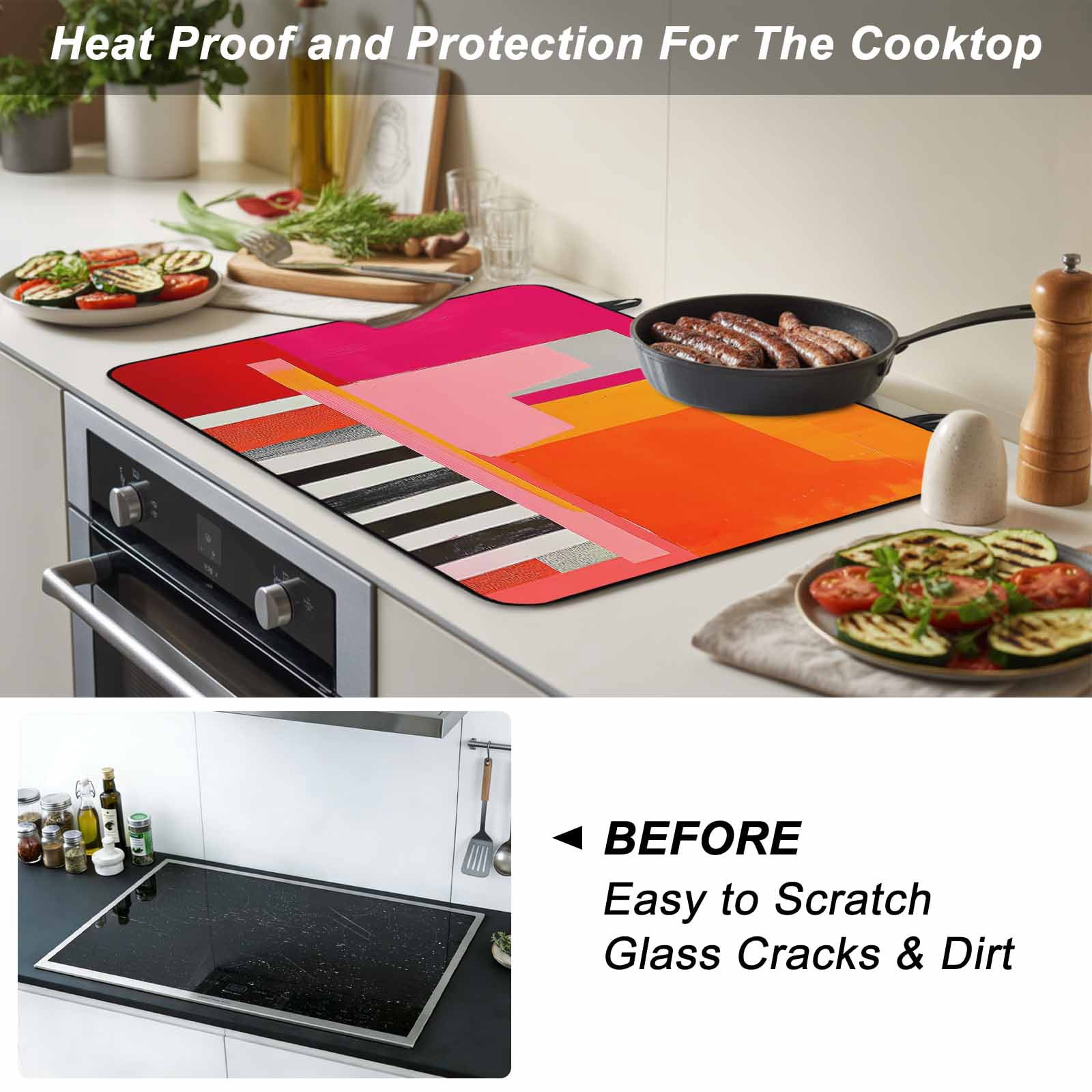 Pink Orange Stove Top Cover for Electric Stove, Heat-proof & Non Slip Glass Top Stove Cover Protector, Geometric Modern Abstract Oil Painting Kitchen Flat Cooktop Rubber Mat 24x21 Inches