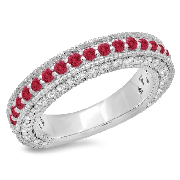 Dazzlingrock Collection 14K Round Cut Ruby & White Diamond Millgrain Anniversary Wedding Stackable Band, White Gold, Size 8