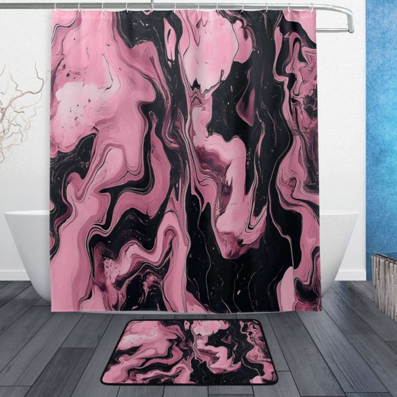 Bath Curtain & Non-Slip Bath Mat Set 12-Grommet Shower Curtain Memory Foam Bath Rug Pink and Black Marble Pattern