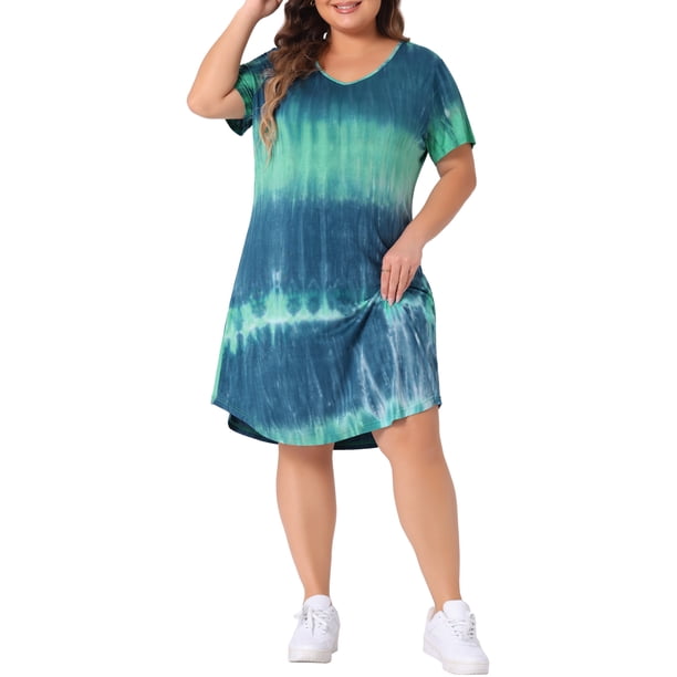 VESTIDO DE TALLA GRANDE GRACE & GRANDEUR Con Estampado de Rayas Tie Dye, Escote en V, Mangas Cortas, Casual de Verano, Midi, T-shirt, Talla 1X, Azul Verde