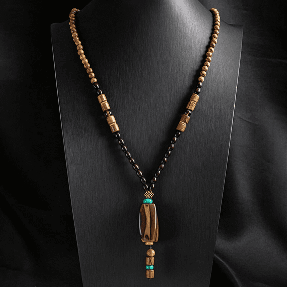 DESIGNICE Women Vintage Long Wooden Bead Necklace, Ethnic Handcrafted Chunky Rosary Pendant Sweater Chain Stylish Casual Statement Neck Ornament, R18