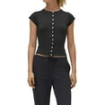 thumbnail image 2 of Women Button Down Ribbed Short Sleeve Shirts Fitted Knit Cropped Cardigan Sweaters Black M, 2 of 6