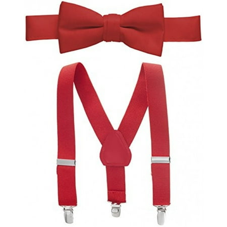 Brown Striped Necktie Hold’Em Suspender and Bow Tie Set for Kids, Boys, and Baby - Proudly Made in USA - Extra Sturdy Polished Silver Metal Clips, Pre tied Bow Tie, 1” Inch Suspender Perfect for Tuxedo-Red 30