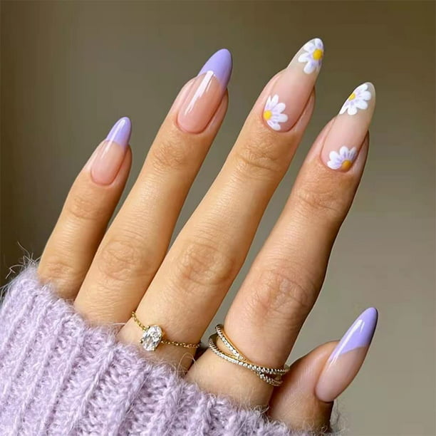 Flower Press on Nails Medium Length Fake Nails Purple Flower with Nail Glue  French Artificial Acrylic Full Cover False Nails Spring Summer Stick on  Nails for Women Girls Acrylic Nail Tips 24Pcs -