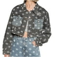 thumbnail image 1 of jsaierl Womens Crop Star Prints Washed Jean Jacket Fashion Long Sleeve Lapel Button Down Denim Jacket Trucker Jacket with Chest Pockets, 1 of 9