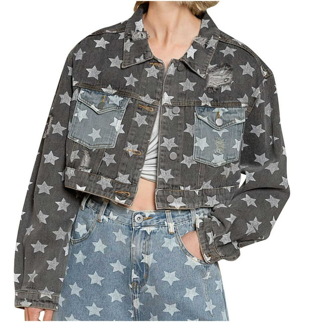 jsaierl Womens Crop Star Prints Washed Jean Jacket Fashion Long Sleeve Lapel Button Down Denim Jacket Trucker Jacket with Chest Pockets