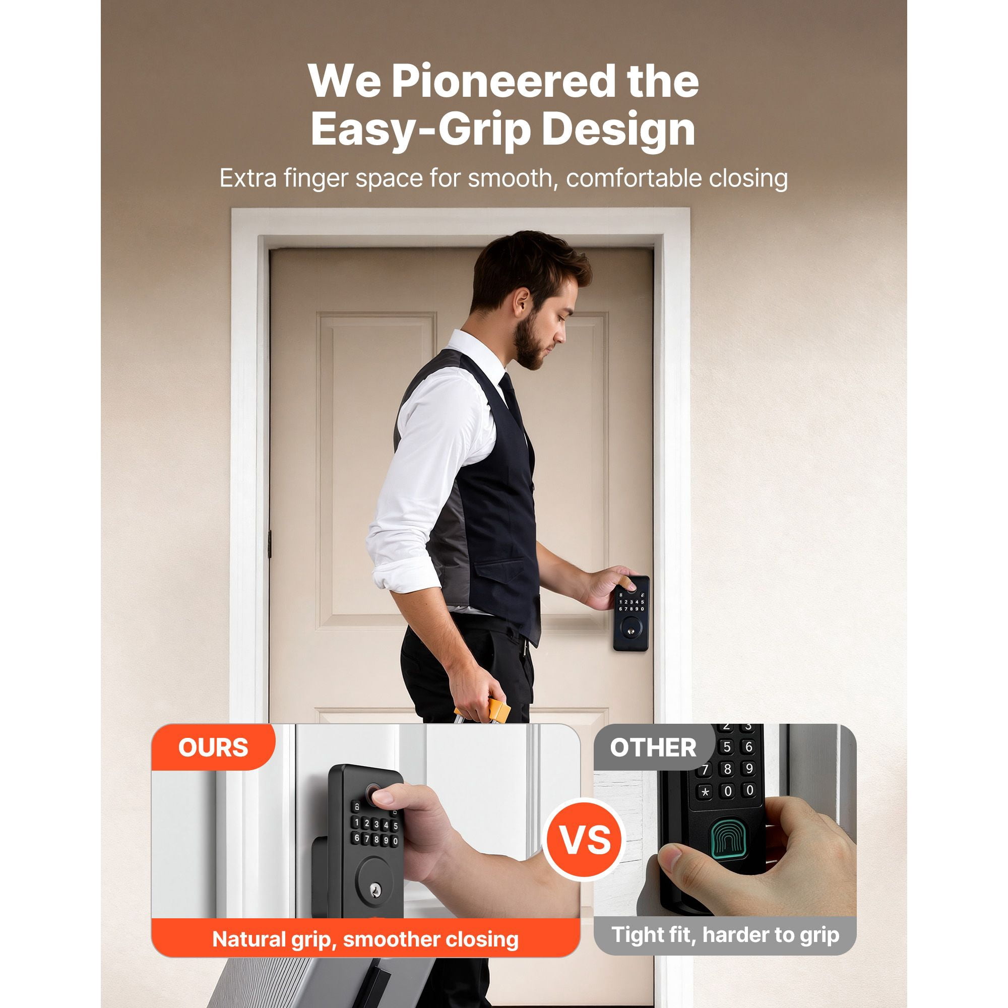 Fingerprint Door Lock, Electronic Biometric Deadbolt with Easy-Grip Design, Auto Locking, One-Time Code, Anti-Peeping, Keyless Entry for Home Use