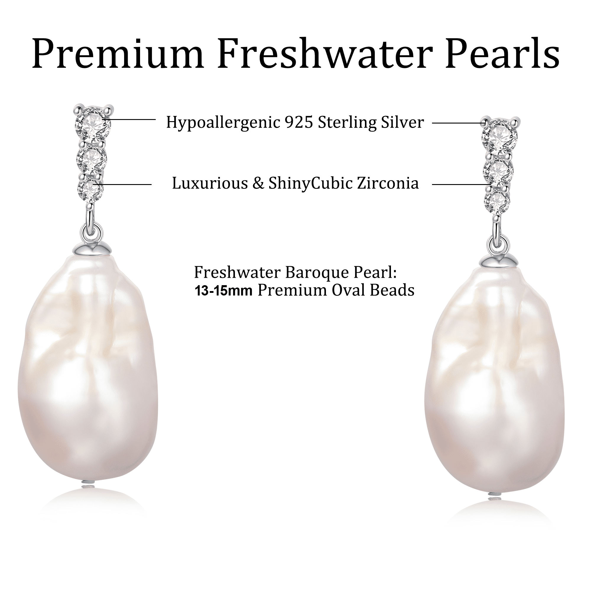 YAMI 9-10mm Baroque Freshwater Pearl Earrings, 925 Sterling Silver Dangle Drop Earrings with CZ, Cultured Pearl Jewelry Gift