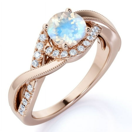 JeenMata 1.5 carat Round Cut Moonstone and Moissanite Unique Infinity Design Engagement Ring in 18k Rose Gold over Silver