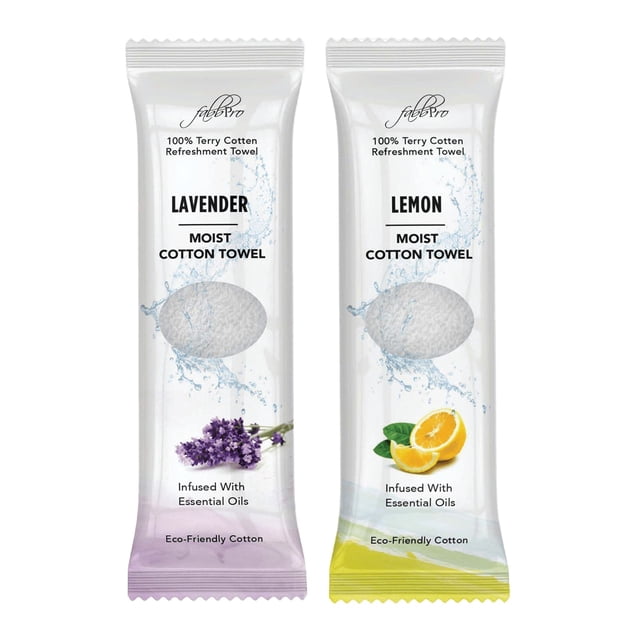 FabbPro Oshibori Toallas refrescantes de algodón de rizo húmedo (paquete de 50 8 x 8 pulgadas) – Toalla blanca ligeramente perfumada prehumedecida para usar caliente o fría – Aroma a limón y lavanda,