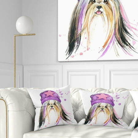 UPC: 0645466701919 | DESIGN ART Designart Stylish Puppy with Purple Hat Animal Throw Pillow 16 in. x 16 in. Small