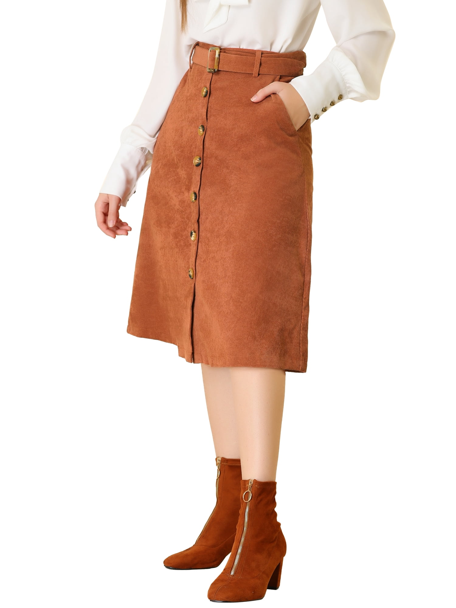DARING DIVA Women's A-Line Button Front Belted Midi Skirts S Caramel