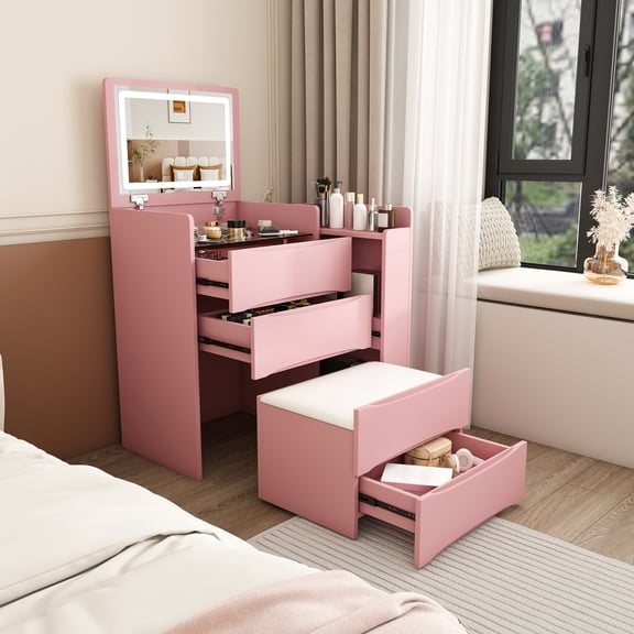 3-in-1 Flip Mirror Vanity Desk with Lights & Storage, Makeup Dressing Table with Adjustable LED, Side Sliding Tray and Stool, Space-Saving Furniture for Bedroom(Pink)