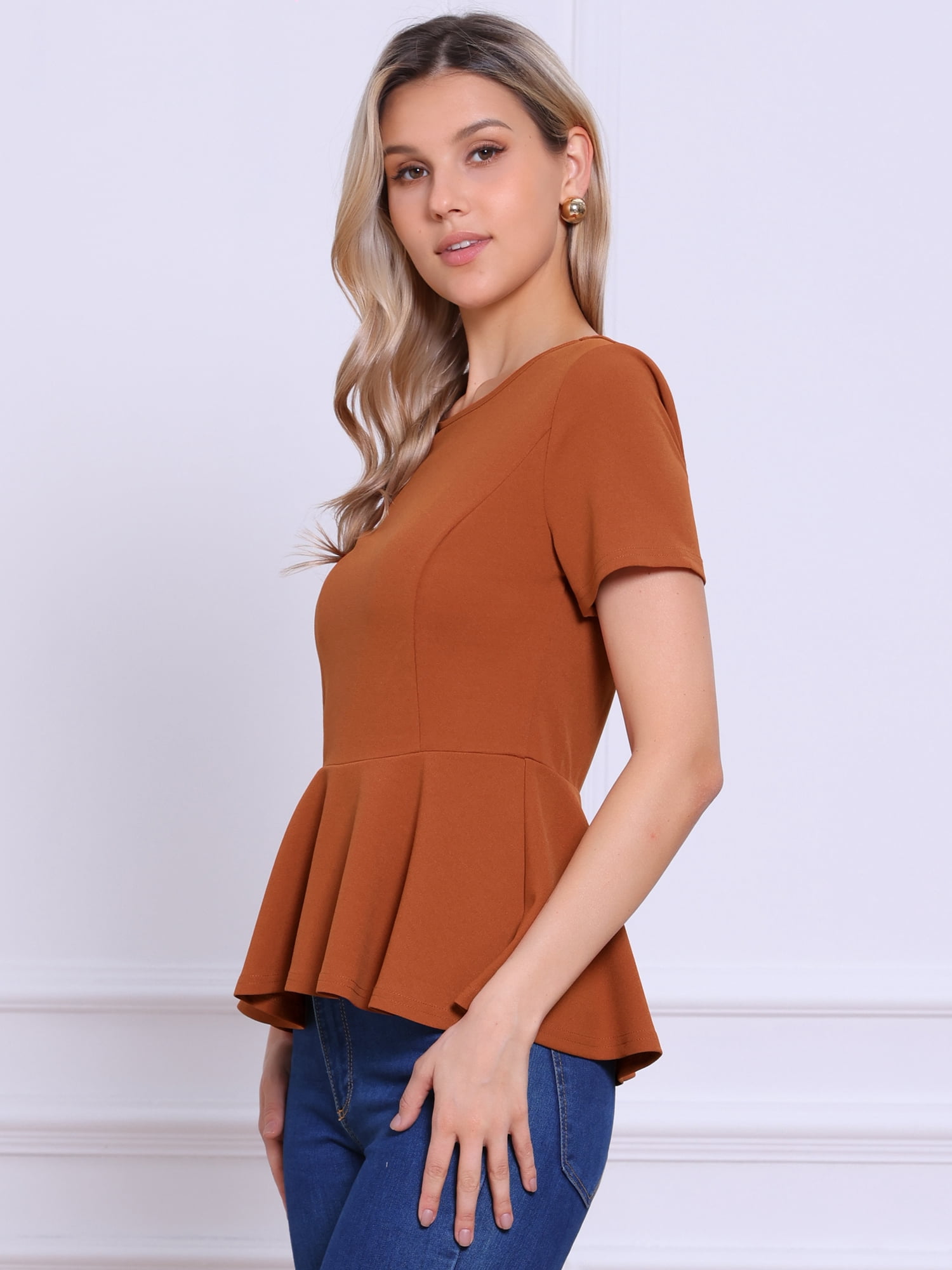 DARING DIVA Women's Peplum Tops Short Sleeve Crew Neck Blouse S Burnt Orange