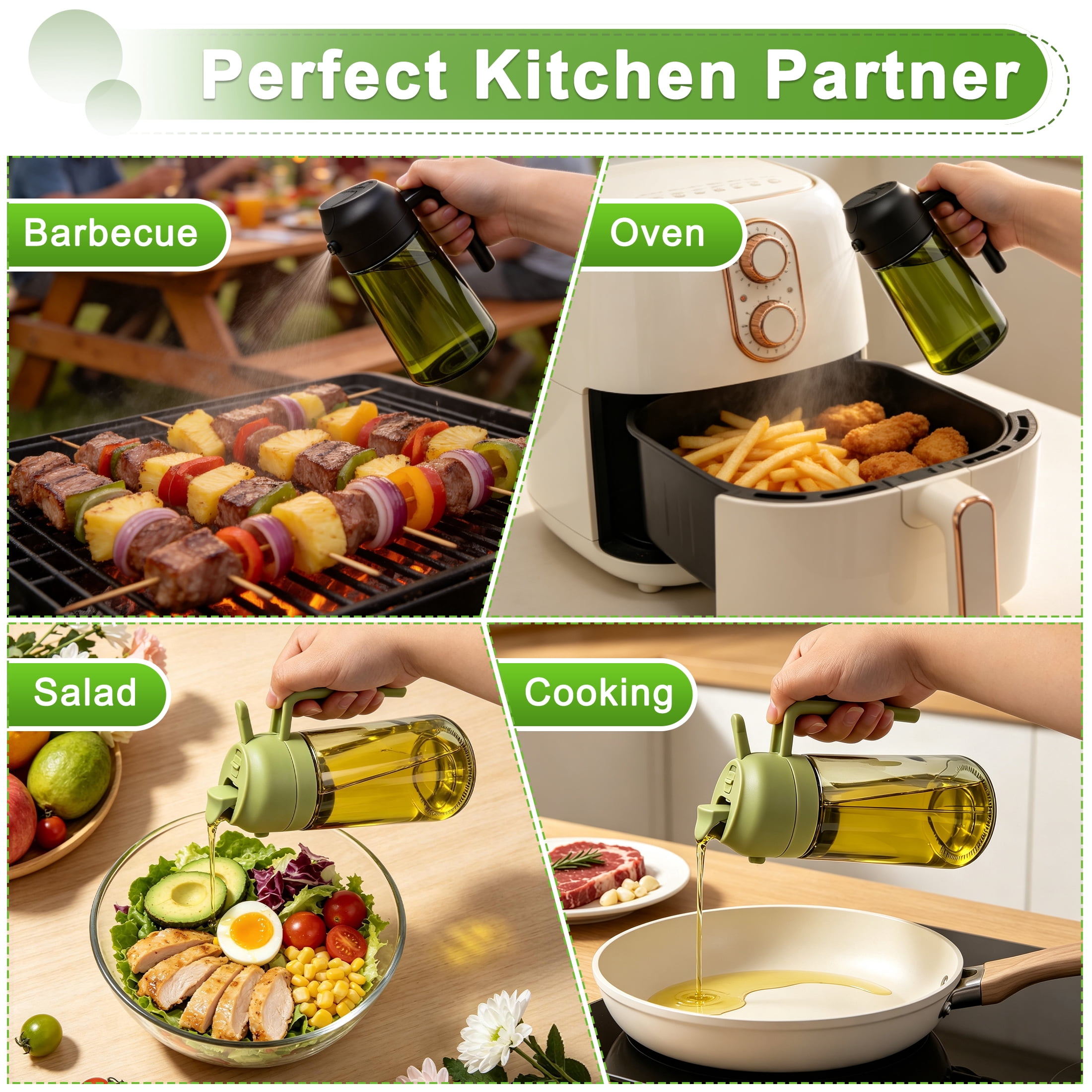 2 in 1 Oil Dispenser and Oil Sprayer Bottle, 16OZ Dual Purpose Kitchen Oil Container, Olive Oil Sprayer Bottle for Cooking, Salad, Barbecue & Air Fryer(Black & Green)