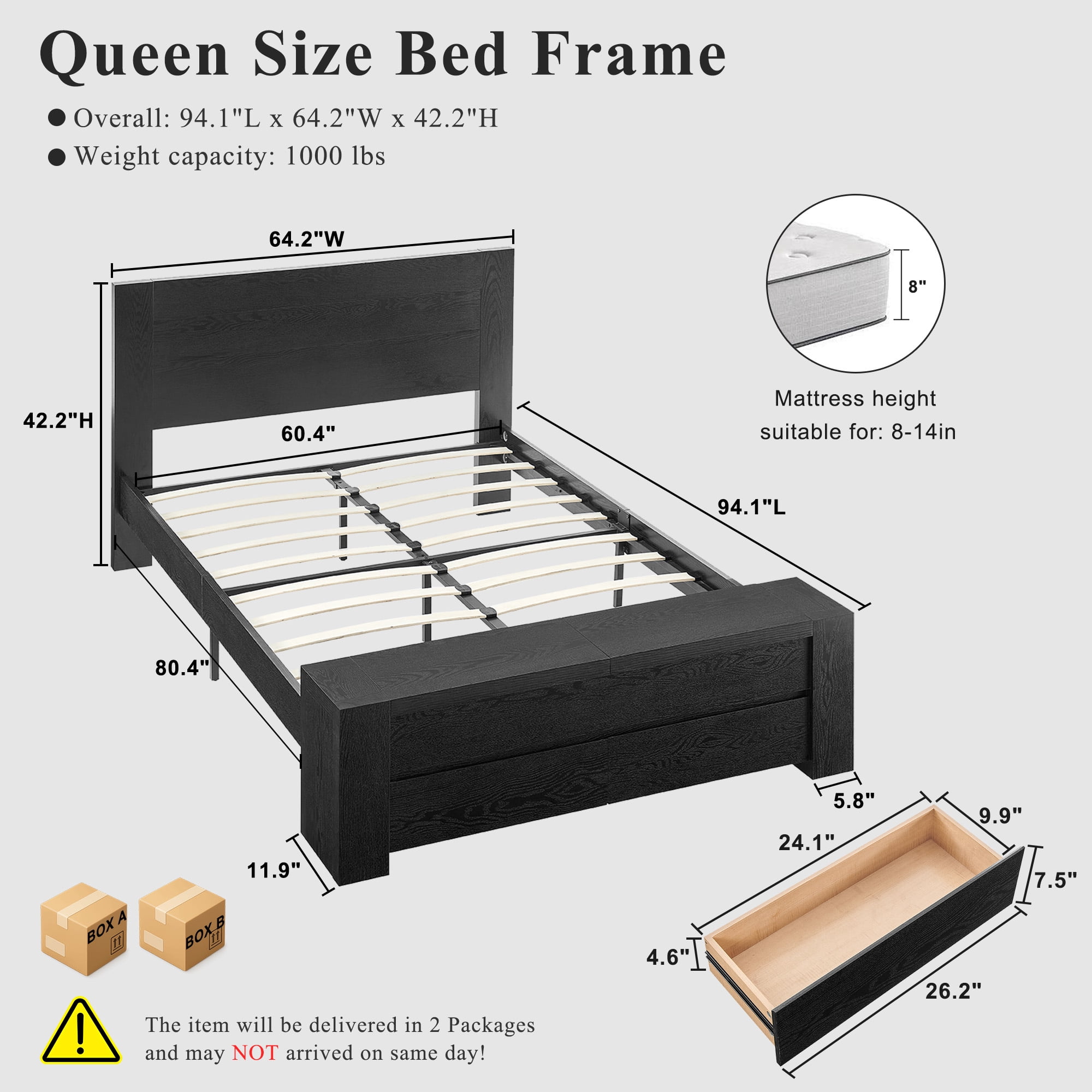 KeyWhat Modern Queen Size Storage Bed Frame with Panel Headboard, Footboard Storage Bench, Built-In Drawers, Lift-Up Compartments, No Box Spring Needed, Black Oak