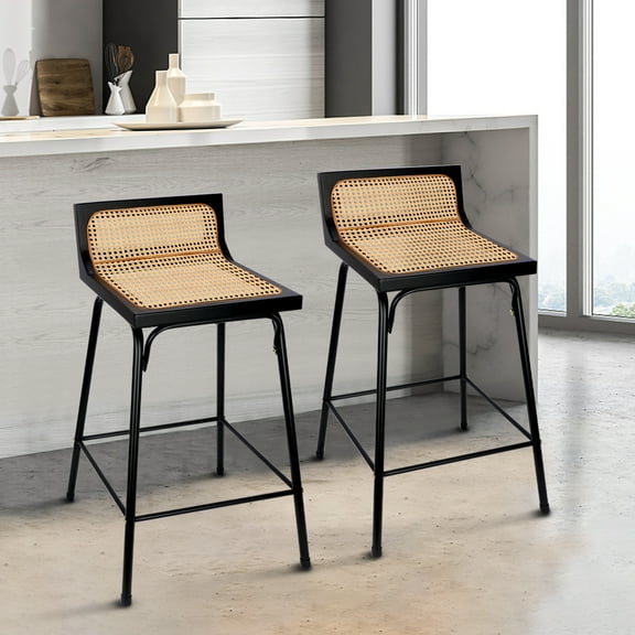 Chicgrowth Rattan Counter Height Bar Stools, Bar Stools Set of 2, Dining Room Chairs Mid-Century Style, Bar Chair 24 inch Counter Stools, Black