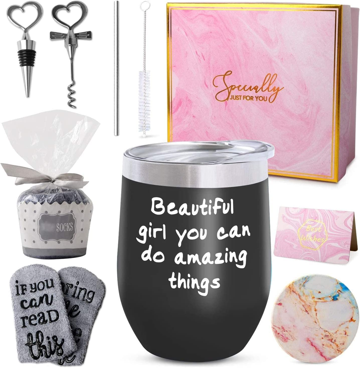 Inspirational gifts for women,daughter birthday gift,teenage girls gift, mom  gift, best friends gifts,12oz Insulated wine tumbler with lid,beautiful  girl you can do amazing things 