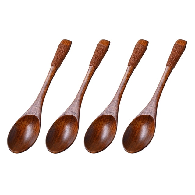 CIMAXIC 4PCS Oval Head Design Wooden Kids Soup Spoons Natural Wood Rice Serving Tableware Flatware Set with Tied Line on Handle (Brown Line),5.91"X1.18"X0.39"