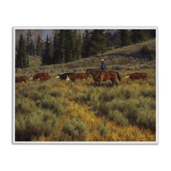 Stupell Industries Traditional Cowboy Leading Cattle Meadow White Framed Giclee Art, 14 x 11, by Jimmy Dyer
