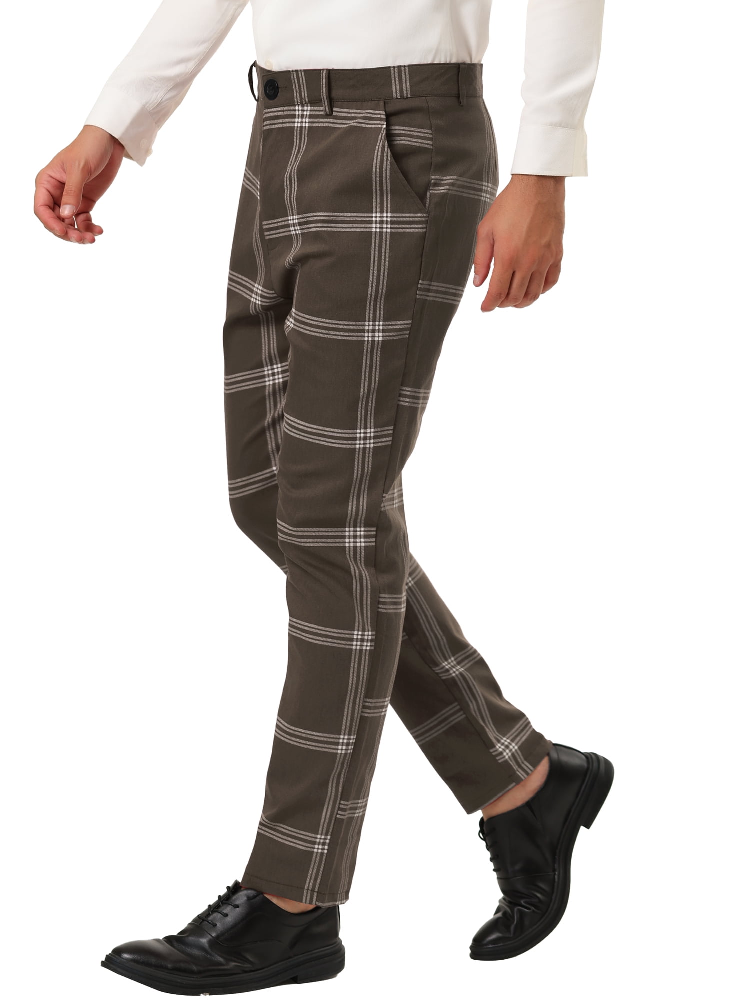 Unique Bargains Men's Business Plaid Pants Casual Slim Fit Flat Front Checked Trousers 32 Brown