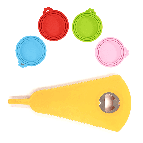 CNDRLEF 4-Pack Universal Silicone Pet Food Can Covers & Lids   1 Multifunction Bottle Opener Set (Fits 3 Sizes – Dog & Cat Food Can Toppers)