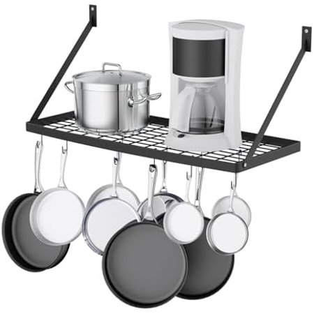 Wall Mounted Hanging Pot Rack – 30 by 13-Inch Kitchen Organizer with 10 Hooks Space-Saving Cookware Hanger for Pots & Pans Black