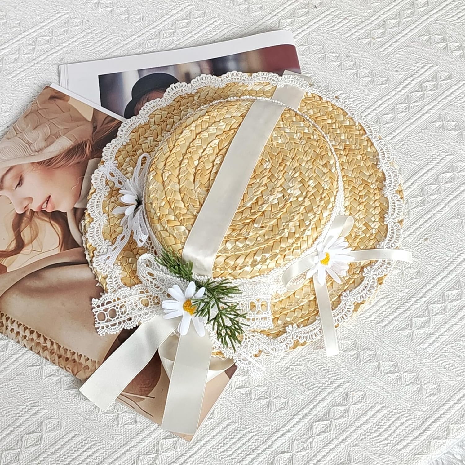 Kukuzhu Girls Women Victorian Tea Party Sun Hat, Lolita Lace Ribbons Straw Flat Hat Wide Brim Flower Bonnet Cap