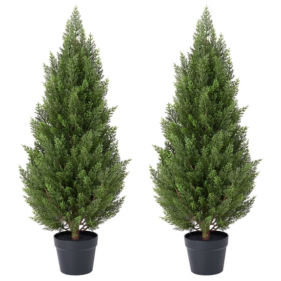 DR.Planzen 2 Pack 3ft Artificial Cedar Tree with Real Wood Trunk, Faux Silk Plant UV Resistant for Indoor Outdoor, Lifelike Fake Potted Tree for Home Office Decor
