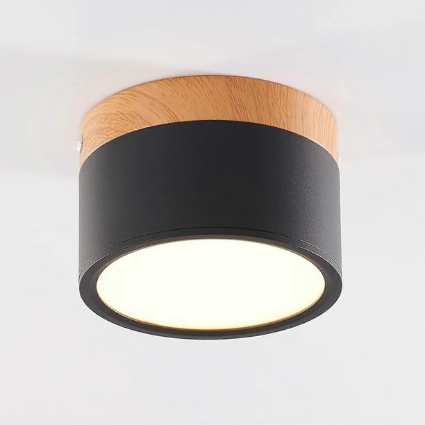 LED ceiling light, surface-mounted spot with wood decor, mini ceiling light, round, black, cold white 6000 K, 12 W