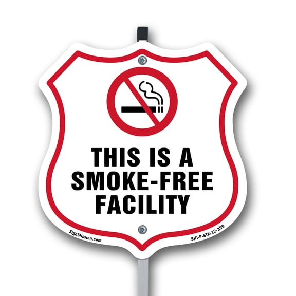 No Smoking Shield Label Set This Is A Smoke Free Facility 12 inch X 12 inch Shield Shaped Commercial Grade Plastic Sign with Aluminum Mounting Stake Weather Resistant, UV Protected for