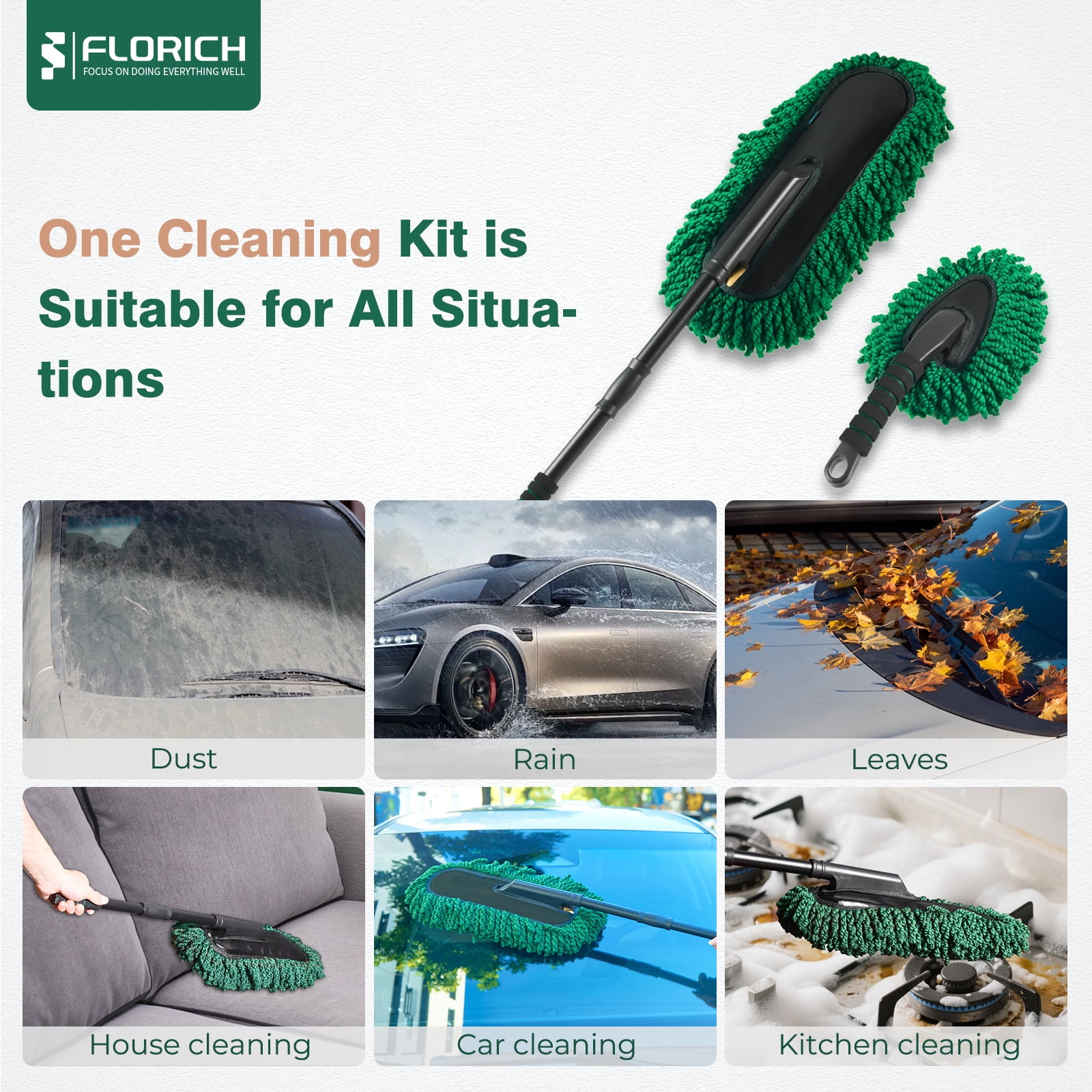 FLORICH Expandable Car Exterior Duster for Cleaning, Microfiber Interior Scratch-Free Dust Cleaning Brush, Duster for Car,Truck,RV and Motorcycle,Large Auto Mop Duster Head, Car cleaning kit