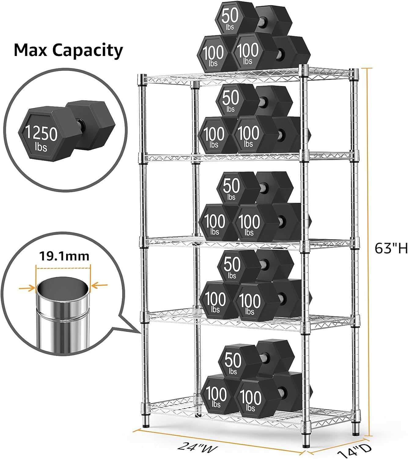 M MZG 5-Tier Metal Wire Shelf, Silver photo 7