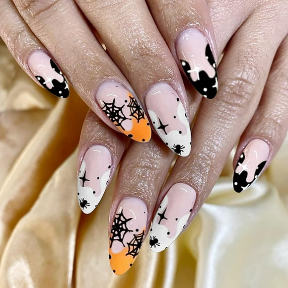 24Pcs Halloween Press on Nails Medium Almond Fake Nails Pink Artificial Acrylic Nails Full Cover with French Tip Black White Orange Spider Web Bat Design Glossy Nail Glue on Nails for Women and Girls