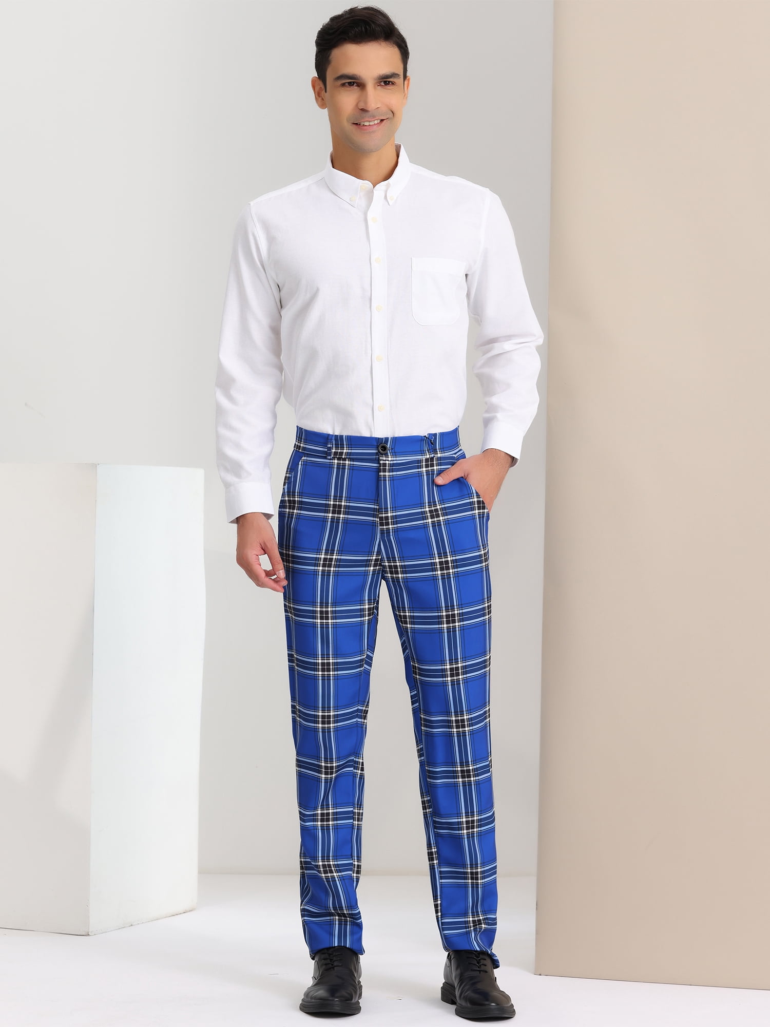 Unique Bargains Men's Dress Pants Casual Flat Front Stretch Business Plaid Pants 28 Navy Blue