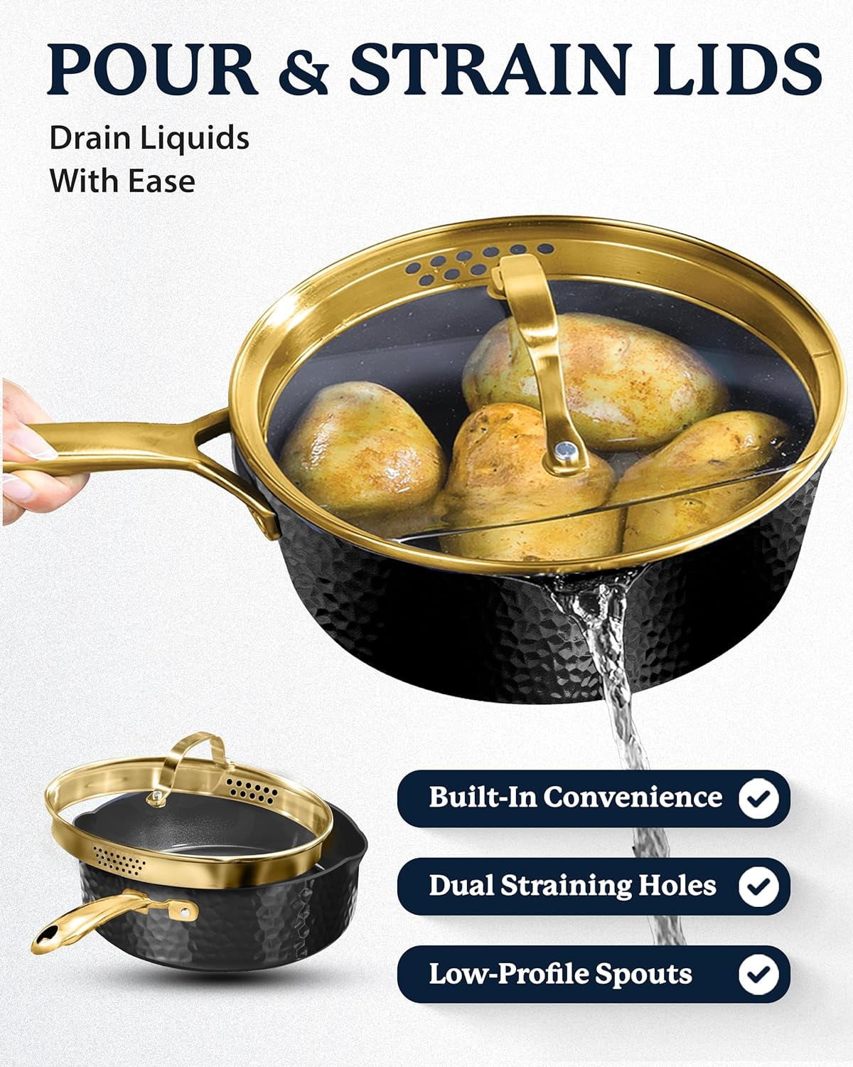 Granitestone Hammered 4 Qt Saute Pan with Lid - 12 Inch Non Stick Frying Pan with Strainer Holes, Cooking Pan, Nonstick Skillet, Induction Pan, Ceramic Pan, Dishwasher Safe, Black