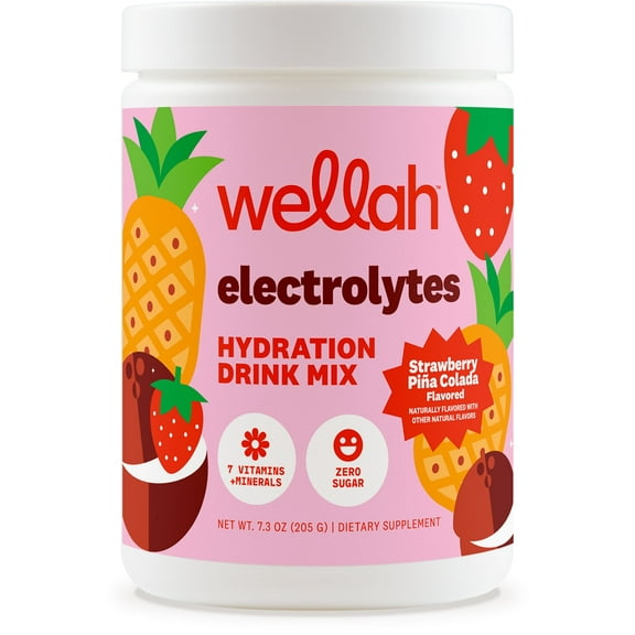 Wellah Electrolytes Powder (Strawberry Pina Colada) 50 Servings - Hydration Drink Mix, 7 Vitamins & Minerals, Zero Sugar
